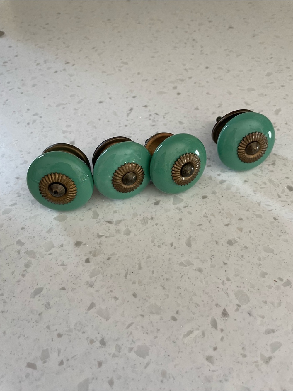Anthropologie Green Ceramic Drawer Knobs with Brass Rosettes - Set of 4